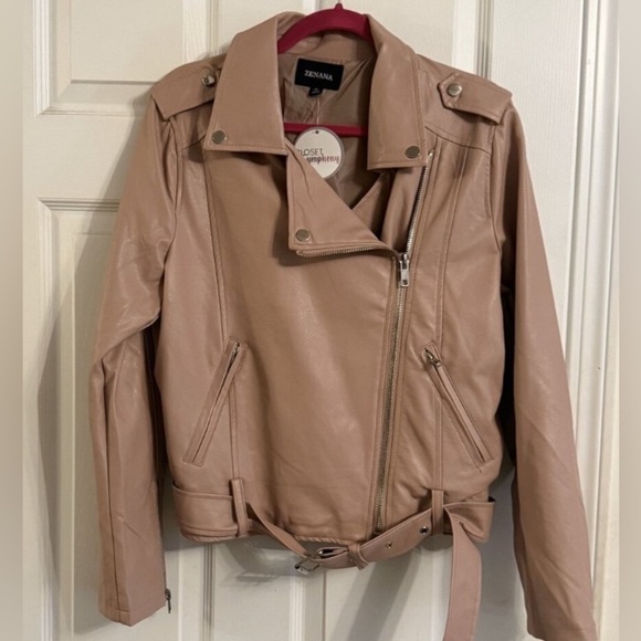 ZENANA Pink Rose Faux Leather Moto Biker Jacket, NWOT